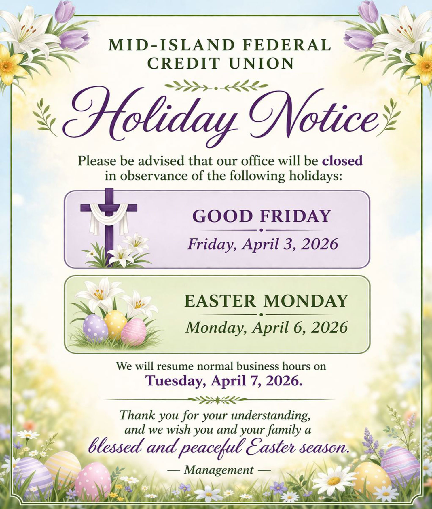 MIFCU will be Closed on Good Friday and Easter Monday
